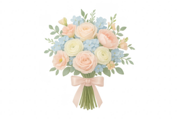 Pastel watercolor flower bouquet with pink ribbon bow