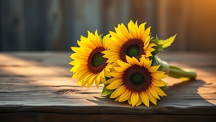 Sunflower bouquet bathed in golden morning light on a rustic wooden surface, radiating natural vibrancy.