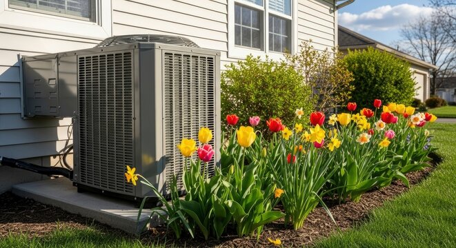 An outdoor home cooling unit sits on a concrete pad next to a white-sided house bordered by a vibrant bed of red yellow and pink flowers