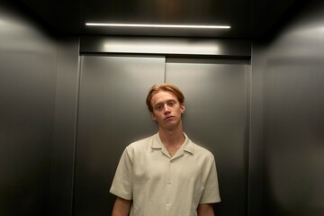 Young Man in Modern Elevator Expressing Contemplation and Style