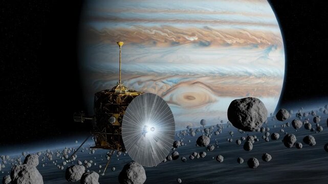 golden spacecraft with bright circular solar array and antenna navigates an asteroid field orbiting banded gas giant planet with swirling orange brown and white clouds in starry space