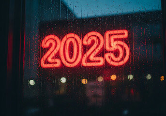 2025 Neon Sign on a Rainy Window
