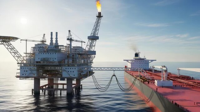 offshore oil platform with flare stack burning connected to large tanker ship via bridge and multiple flexible hoses all under bright sunlit sky over the ocean