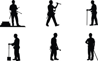 Obraz premium Silhouettes of construction workers in various poses with tools, hard hats, and equipment, symbolizing teamwork, safety, and building industry.