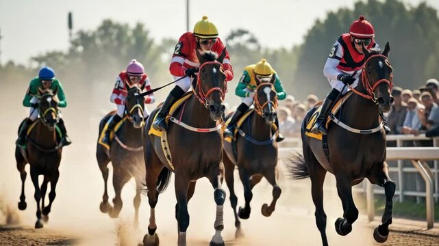 Jockeys in vibrant red yellow green and pink silks gallop intensely on dark brown horses kicking up dust on sunlit dirt track during thrilling race with spectators watching keenly
