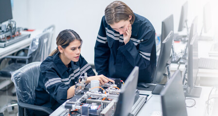 Mechanical engineering team working in robotic technology lap for research and develop for manufacturing automation and robotics.