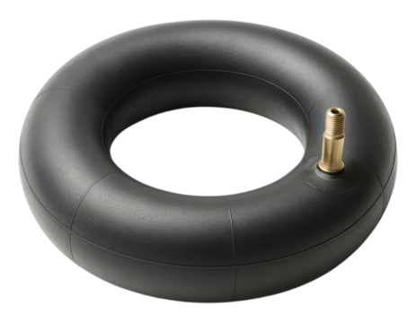 Black rubber inner tube with a brass metal air valve for tires, a versatile spare part for vehicles, Isolated on Transparent and White Background