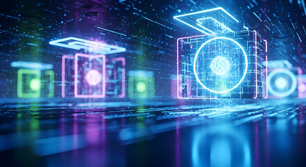 Futuristic Server Room with Neon Glowing Nodes