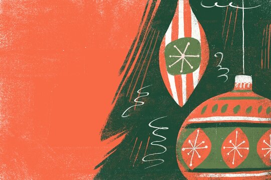 Retro Christmas Tree Decorations on Red Background