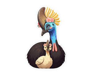Colorful cassowaries with floral accents in playful pose
