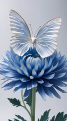 Obraz premium Whispery butterfly lands softly on pastel blue chrysanthemum in subtle macro floral capture floral botanical editorial photo wallpaper background