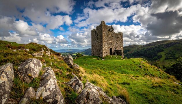 Dramatic Stone Castle Ruins on Grassy Hilltop Against Cloudy Blue Sky Landscape