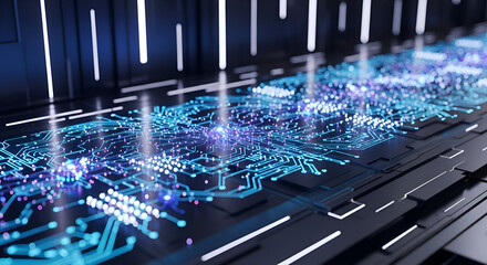 Futuristic Circuit Board with Glowing Light Trails