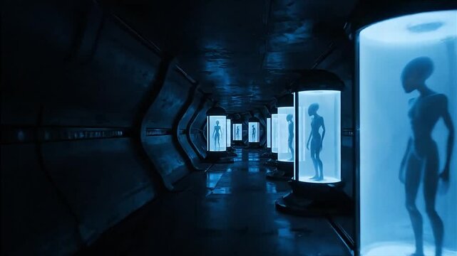 Alien beings in cryogenic pods in a futuristic spaceship corridor