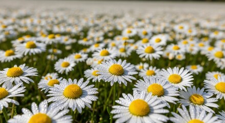 Close-up of a field of white daisies with yellow centers many petals covered in water droplets under bright sunlight