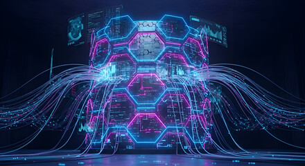 AI Data Center with Hexagon Design and Fiber Optic Cables