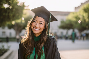 a photograph of an Asian American woman in her mid-20s, wearing a green graduation cap and gown, smiling at the camera with long hair,