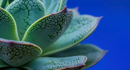 Close-up of a succulent plant featuring blue-green textured leaves with dark edges against a blurred vibrant blue background