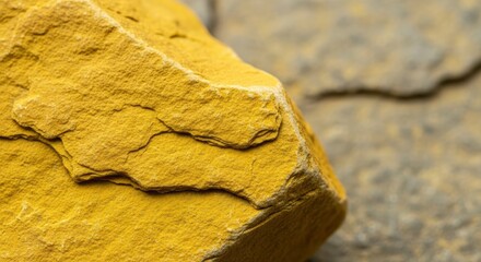 Close-up of a rough textured yellow-ochre rock showcasing natural layers and uneven edges A blurred greyish surface is in the background