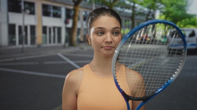 Girl holding two tennis rackets in orange sleeveless top on tree lined urban city street; quiet contemplation.