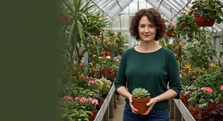 Woman holding potted succulent plant inside greenhouse surrounded by various flowering plants