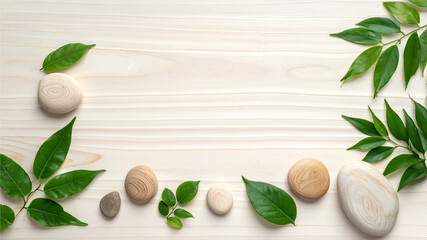 Tranquil Harmony: A Minimalist Zen Flat Lay of Smooth Wooden Stones and Lush Green Leaves on Light Natural Wood Texture