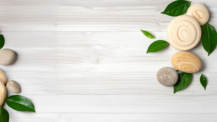 Tranquil Harmony: A Minimalist Zen Flat Lay of Smooth Wooden Stones and Lush Green Leaves on Light Natural Wood Texture