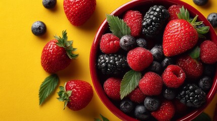 Obraz premium Fresh Red and Blue Berries in Red Bowl on Bright Yellow Background