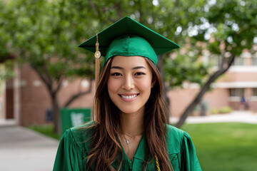 a photograph of an Asian American woman in her mid-20s, wearing a green graduation cap and gown, smiling at the camera with long hair,