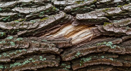Close-up of tree bark with deep grooves patches of moss and lichen and a visible split revealing lighter inner wood