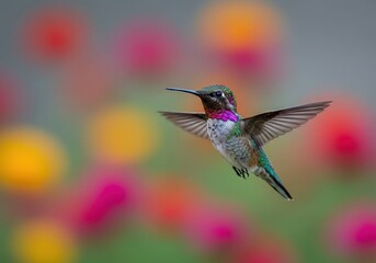 Fototapeta premium Vibrant Hummingbird in Flight with Colorful Floral Background, Perfect for Nature Enthusiasts and Wildlife Photography.