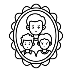 Monochrome Outline of Family Portrait in Decorative Frame with Father and Two Children Cartoon Illustration on Transparent Background