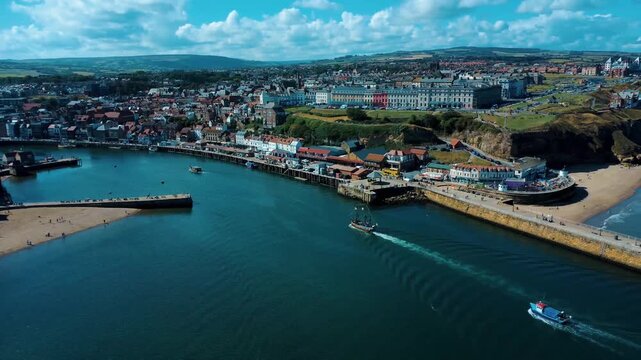 Panoramic view of historic town and river harbor