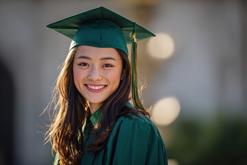 a photograph of an Asian American woman in her mid-20s, wearing a green graduation cap and gown, smiling at the camera with long hair,