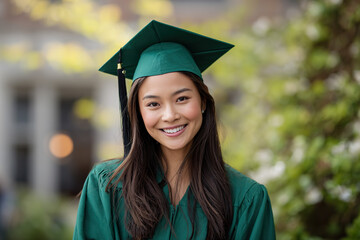 a photograph of an Asian American woman in her mid-20s, wearing a green graduation cap and gown, smiling at the camera with long hair,