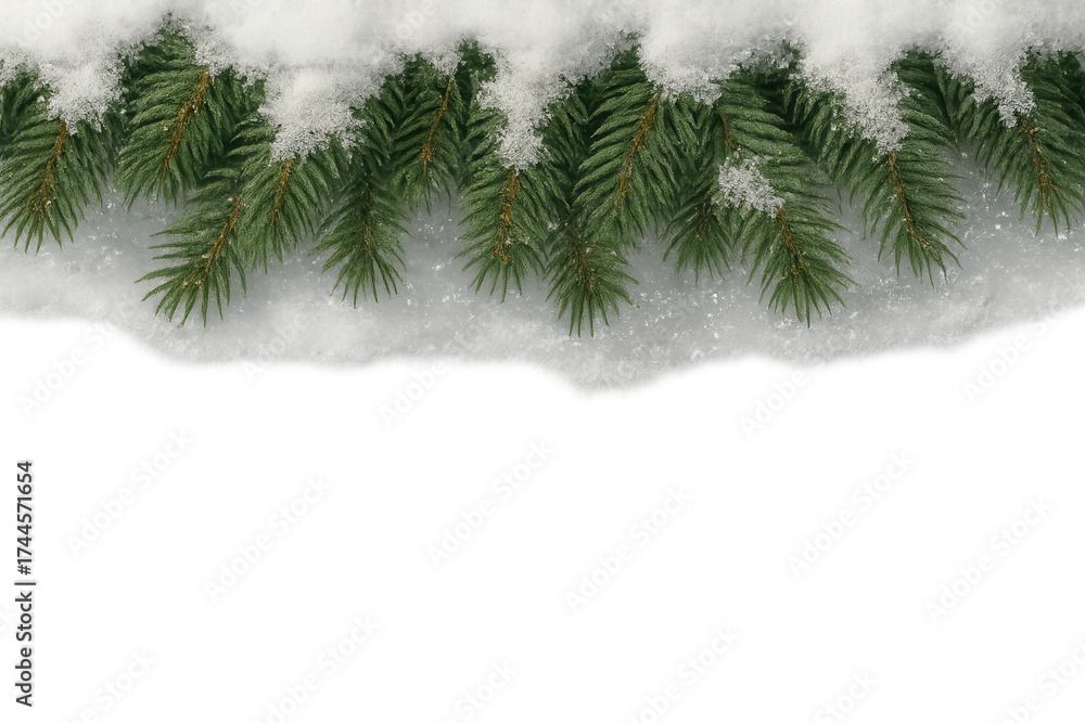 Wall mural pine tree branches covered in snow creating a christmas border, winter holiday design element on tra