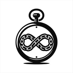 Pocket watch with chain forming infinity vector silhouette outline logo design  concept illustration