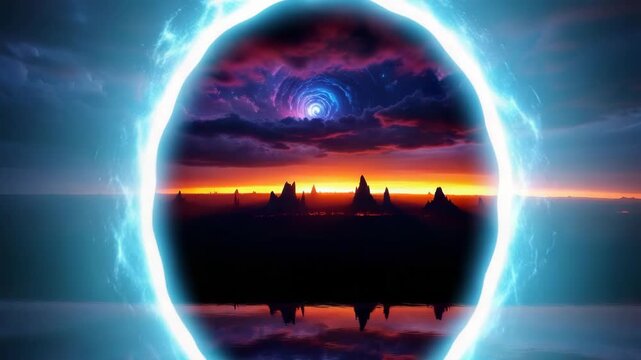luminous blue portal stands on serene water reflecting vibrant sunset Inside swirling cosmic vortex opens above jagged mountains under dramatic colorful sky