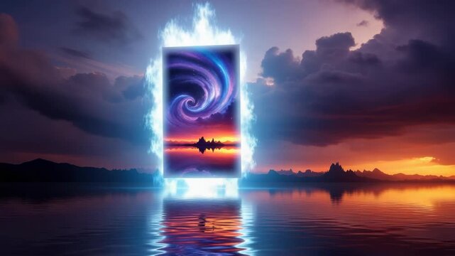 luminous blue portal reflecting on still water reveals swirling cosmic spiral above vibrant orange-purple sunset and dark landforms Dramatic clouds fill the twilight sky