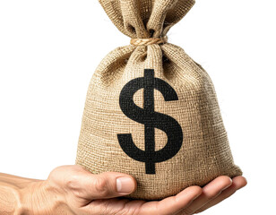 - Hand Holding Burlap Money Bag with Dollar Sign