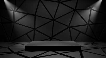 Dark geometric abstract scene with triangular patterns a central rectangular platform and two overhead spotlights