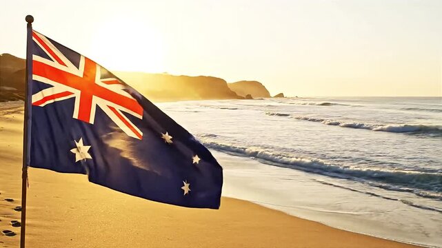 Australian flag waving on a beach at sunrise