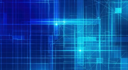 Digital network of glowing blue lines grids and interconnected nodes on an abstract blue background featuring translucent light squares