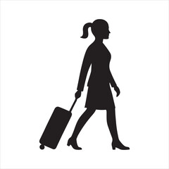 Silhouette of a woman pulling luggage in business attire ready for travel professional trip or vacation isolated on white background for easy cutout work