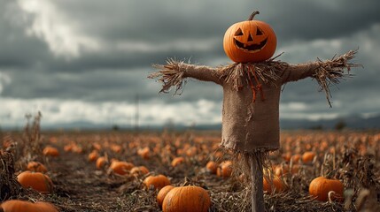 smiling scarecrow with a pumpkin jack-o'-lantern head is Wearing a straw hat in the field of vast pumpkin.festive Halloween concept.