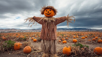 smiling scarecrow with a pumpkin jack-o'-lantern head is Wearing a straw hat in the field of vast pumpkin.festive Halloween concept.