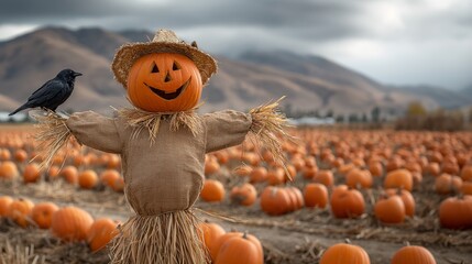 smiling scarecrow with a pumpkin jack-o'-lantern head is Wearing a straw hat in the field of vast pumpkin.festive Halloween concept.