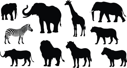 Silhouettes of wild African animals including elephant, giraffe, lion, zebra, rhino, and tiger, wildlife collection, safari illustration, nature design