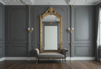 Elegant room interior with large mirror and bench. Front view. 3d rendering.