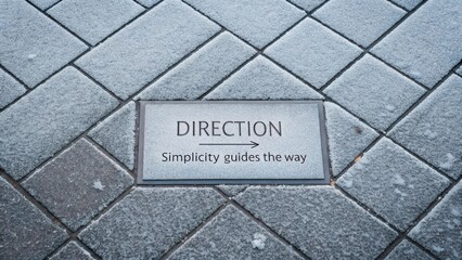 Direction Sign on Snowy Pavement with Inspirational Quote about Simplicity Guiding the Way for Navigation